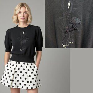 Black Knit Sweater with Flamingo Appliqué Puff Sleeve